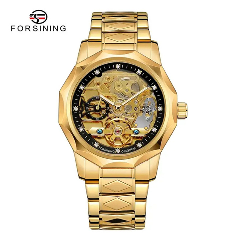 Forsining Luxury Design Skeleton Transparent Golden Stainless Steel Mens Automatic Mechanical Male Watch